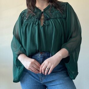 torrid Dark Green Sheer Tie-Neck Lace Yoke Blouse
